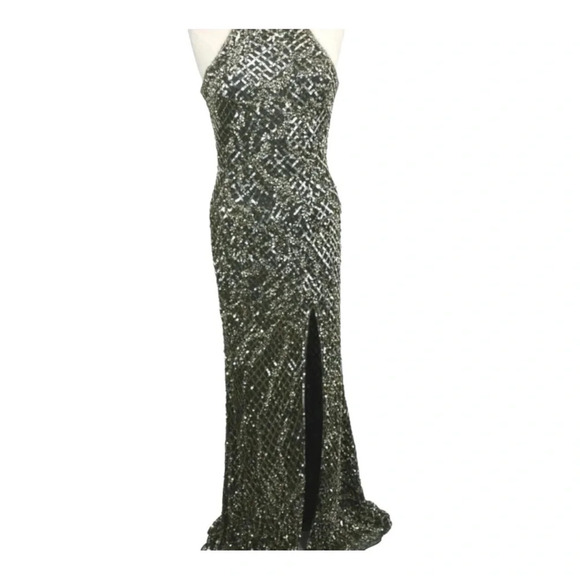 Mac Duggal Women Gray Sleeveles Front High Slit Embellished Halter Column Gown 8 - Picture 1 of 4